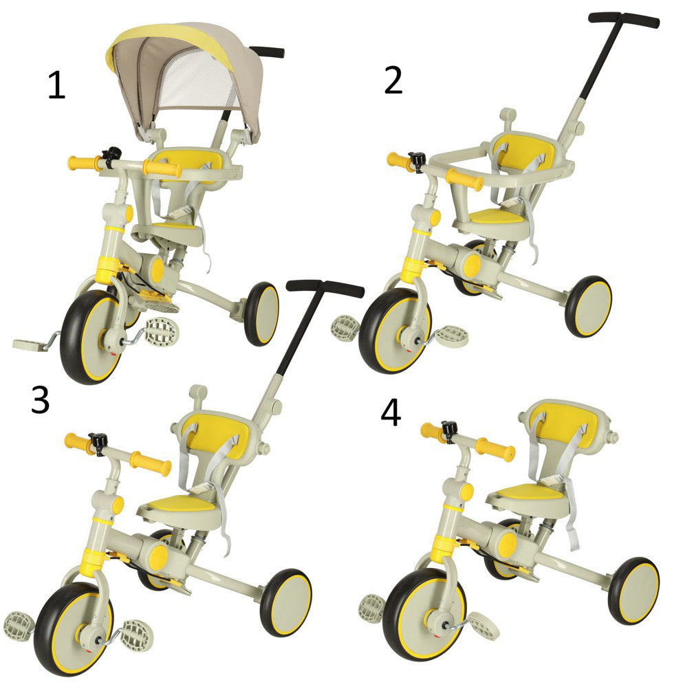 Tricicleta 6 in 1 copii, Zola, cu pedale, baldachin UV pliabil si detasabil, greutate suportata 25 kg, cadru otel, bej/galben Tricicleta 6 in 1 copii, Zola, cu pedale, baldachin UV pliabil si detasabil, greutate suportata 25 kg, cadru otel, bej/galben